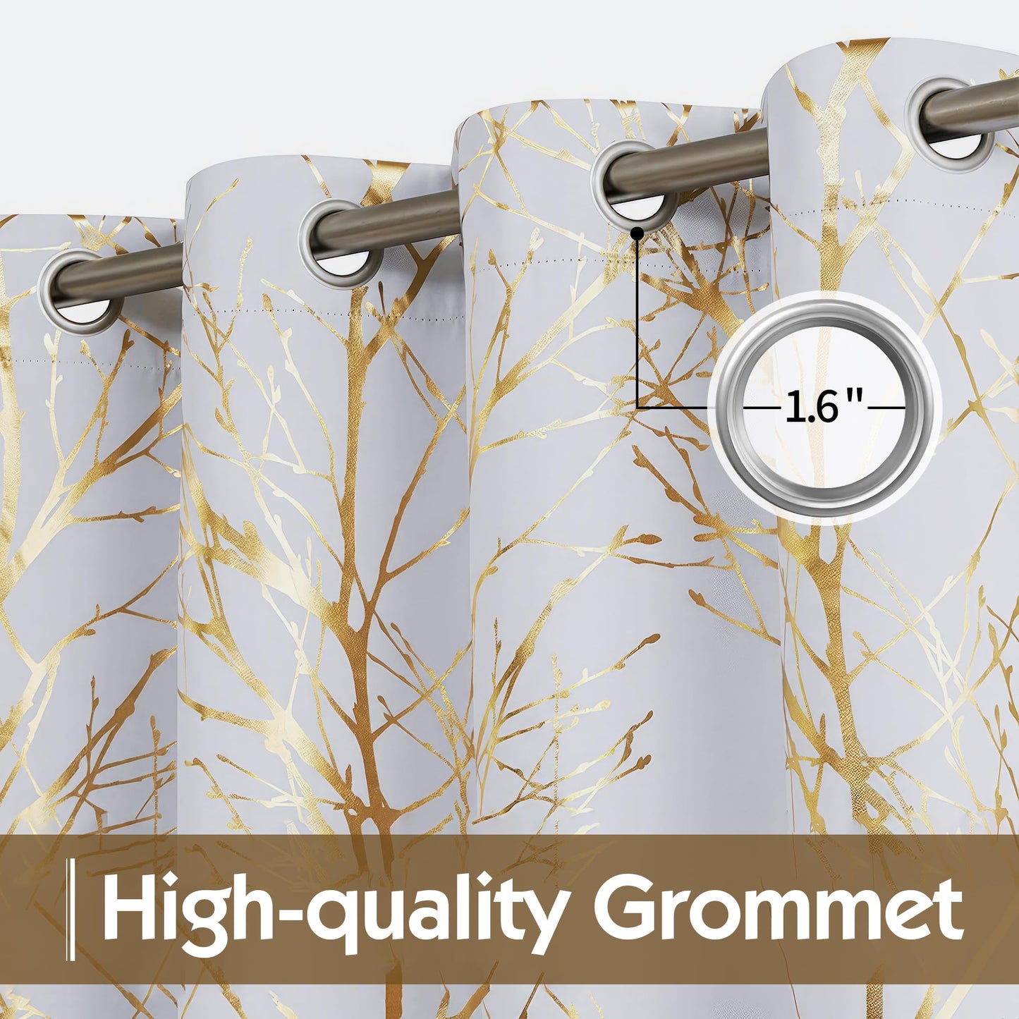 FMFUNCTEX 100% Blackout Curtains for Bedroom Gold Foil on White Curtains 84 Inches Long for Living Room Tree Branch Metallic Pattern Curtains Thermal Insulated Room Darkening Drapes 2 Panels Grommet