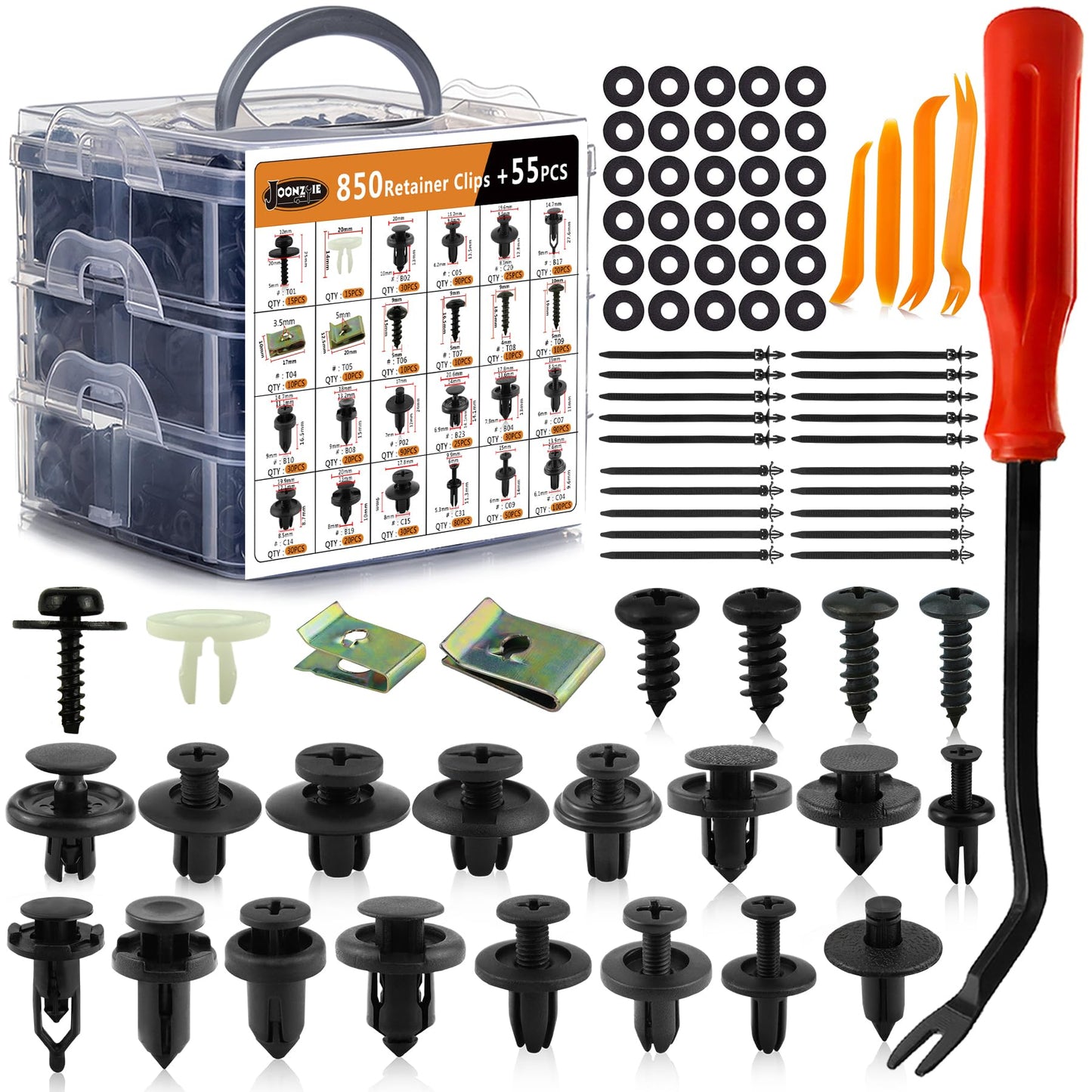 Joonzoie Universal Auto Plastic Car Clips, 905pcs Push Bumper Fastener Rivet Clips with 24 Popular Sizes, Push Pin Panel Clips Set with 20 Cable Ties & Fastener Remover for GM Ford Toyota Honda