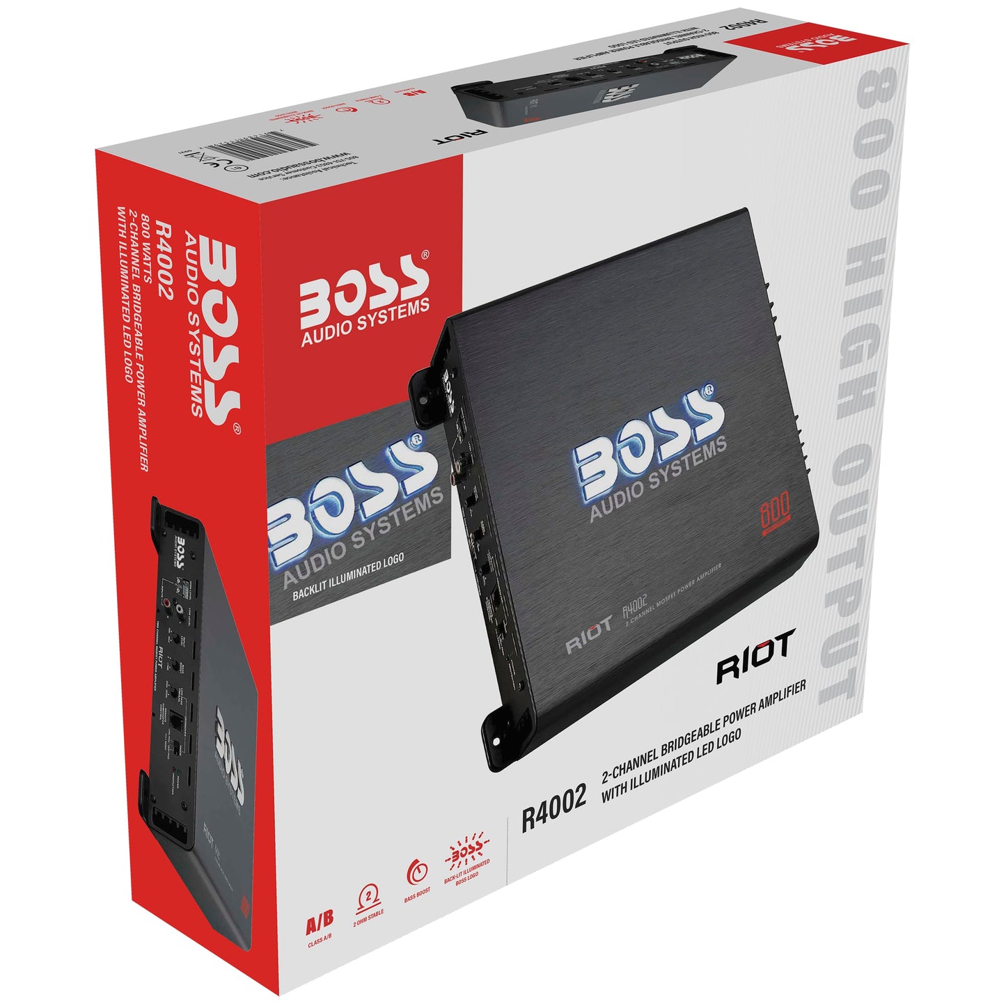 BOSS Audio R4002 Riot 800-Watt Full Range, Class A/B 2 to 8 Ohm Stable 2 Channel Amplifier, Black