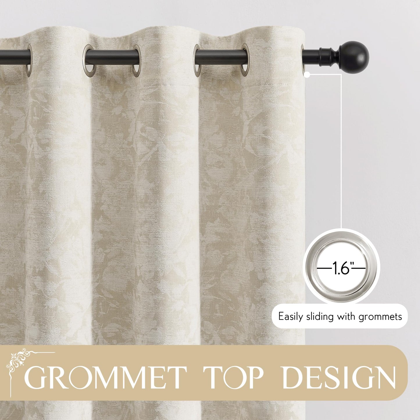Beauoop Beige Floral Jacquard Blackout Curtains 96 Inches Long 2 Panels for Bedroom Living Room Taupe Flower Chenille Room Darkening Thermal Insulated Soundproof Grommet Window Treatments Drapes 52x96