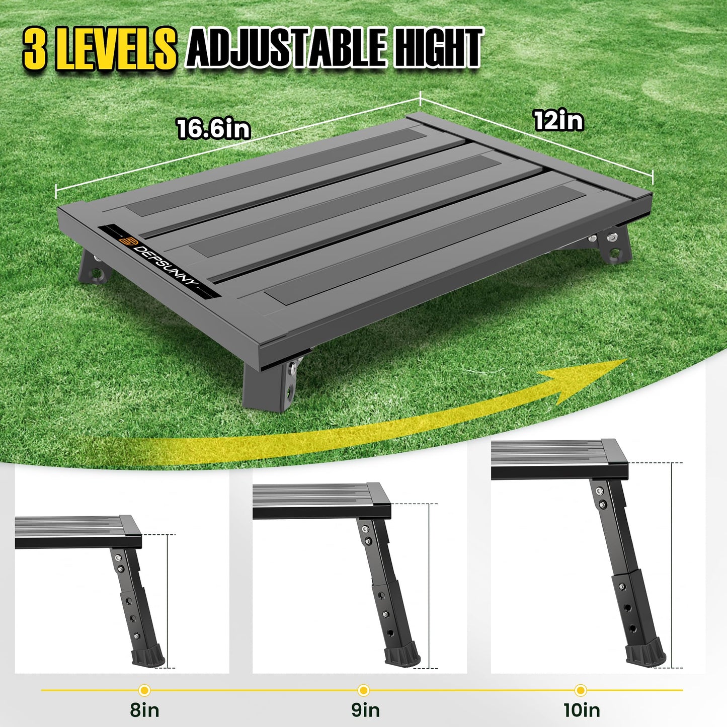 DEPSUNNY Adjustable RV Step Stool, 3-Step Height Adjustment, Foldable Legs, Wide Anti-Slip Surface,Supports Up to 1,000 lb, Premium Aluminum Construction Easy to Carry