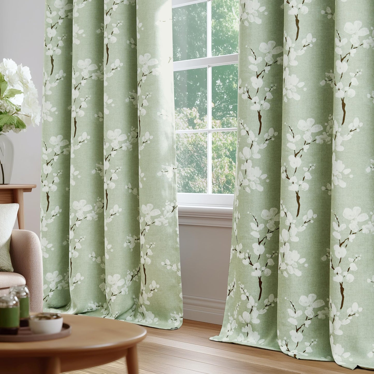 FMFUNCTEX 100% Blackout Curtains 84 Inch Long for Living Room Green and White Floral Blossom Print Curtains Farmhouse Thermal Insulated Drapes for Bedroom Grommet Window Curtains 2 Panels Sage Green