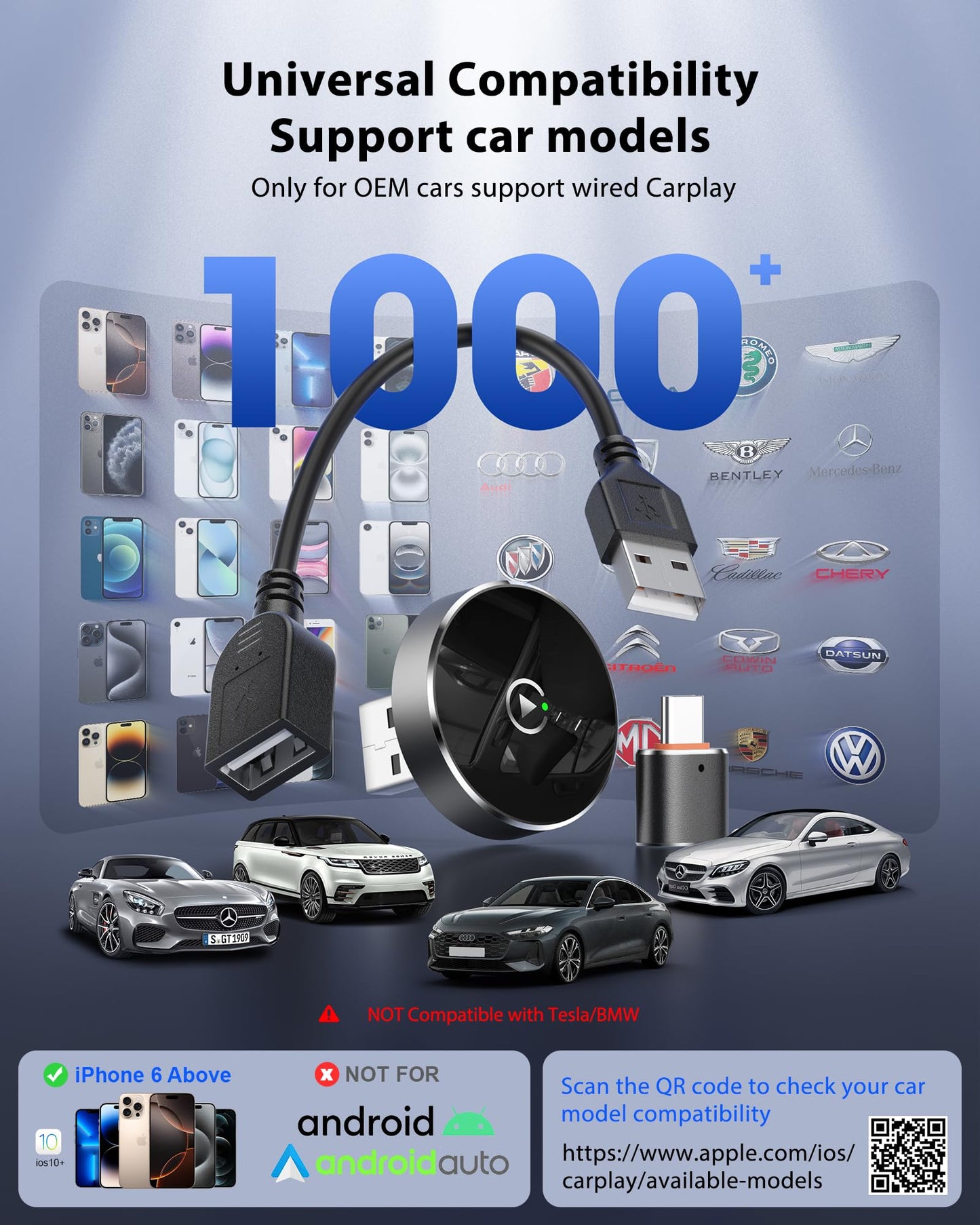 2025 Wireless CarPlay Adapter for iPhone, Converts Factory Wired to Wireless CarPlay Dongle for Cars from 2016 and iOS 10+, Plug and Play, No Latency