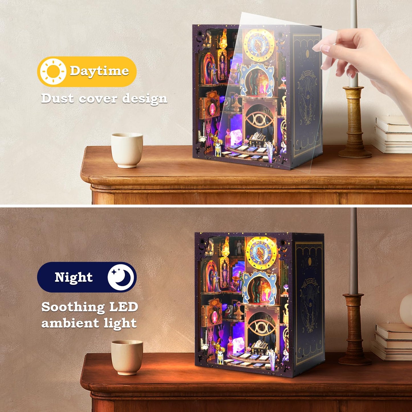 Book Nook Kit - DIY Miniature Dollhouse with LED Lights for Adults & Teens, Fantasy Tarot-Themed 3D Wooden Bookshelf Decor, for Craft Lovers