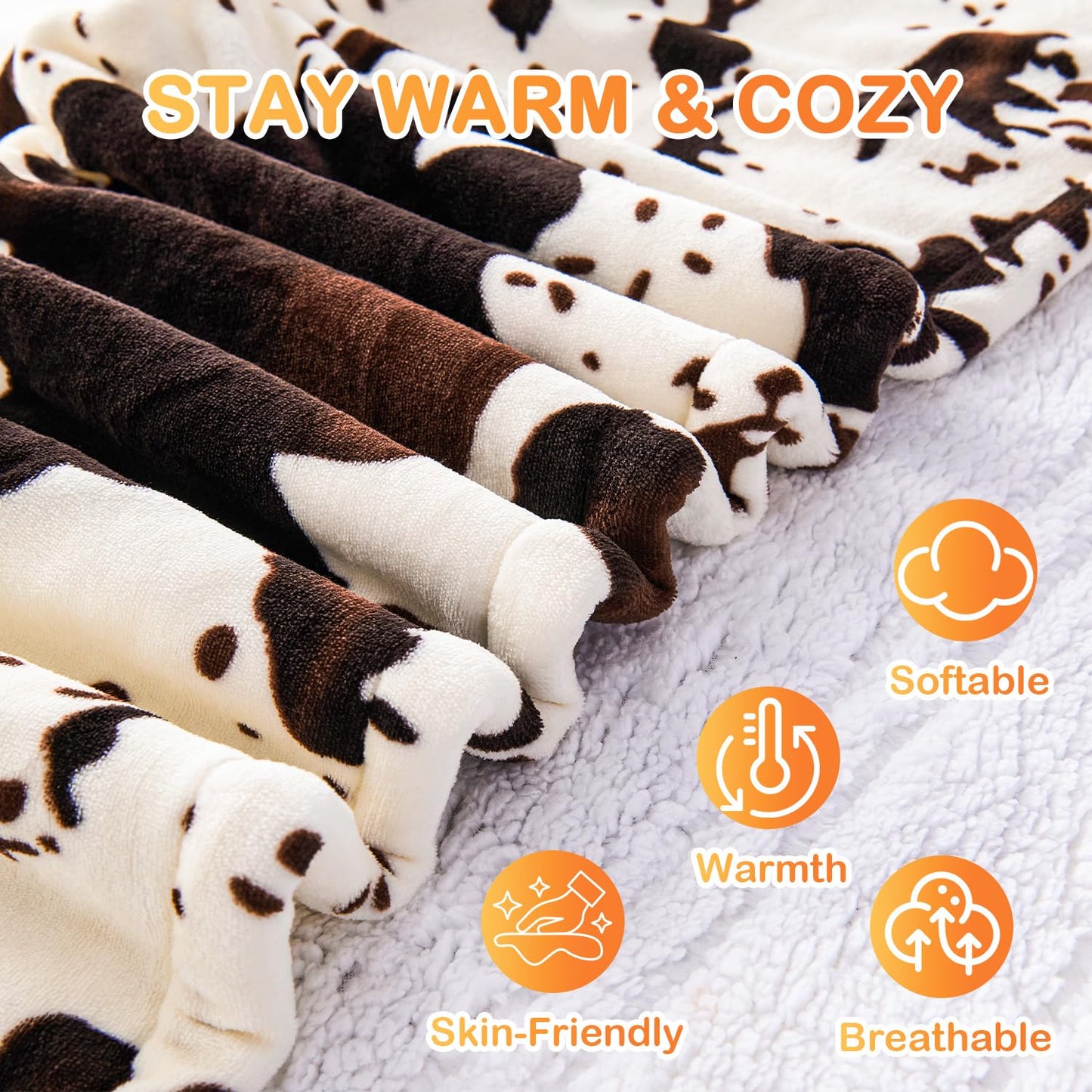 Electric Heated Blanket Heating Blanket Cow Print Throw 50INx60IN Winter Warm Blanket Gift 5 Heat Levels & 12 Hours Auto-Off, Cozy Soft Fleece Sherpa, Machine Washable，ETL Certificated