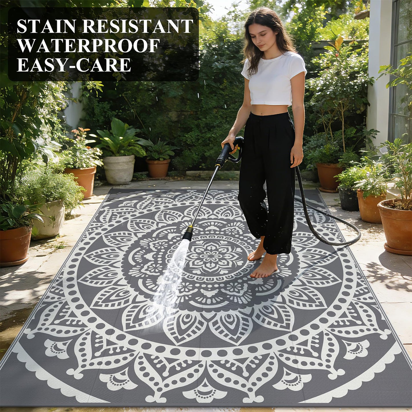 Bsmathom Waterproof Outdoor Rug 8'x10' Reversible Boho Plastic Straw Patio Deck Camping Rugs, Indoor Outdoor Portable RV Mat Clearance Carpet for Outside, Porch, Balcony, Backyard, Beach, Pool