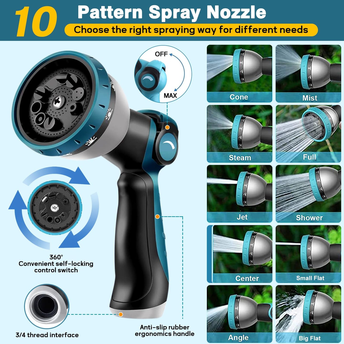 Expandable Garden Hose 100ft with 10 Spray Functions Nozzle,Kink Free Lightweight Retractable Watering Pipe with Hook,Storage Bag,3/4 Solid Solid Fittings,3-Layers Latex,Blue