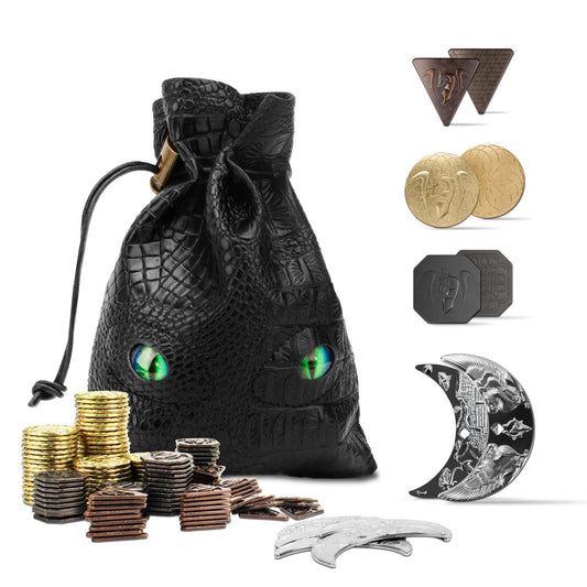 145PCS Metal DND Coins & Leather Bag, Contains 60 Gold Coins, 40 Sliver Coins, 40 Copper Coins and 5 Platinum Coins, Game Tokens with Glow in The Night Eyes Leather Bag for RPG Tablelap Games