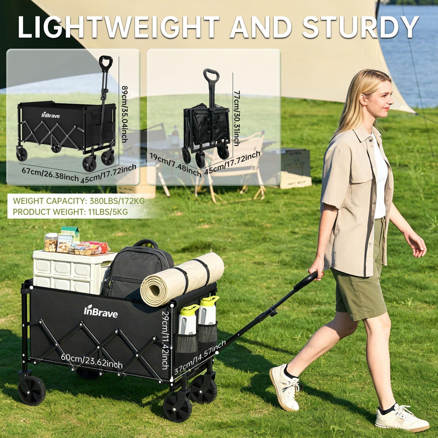 InBrave Collapsible Wagon Cart with All-Terrain Wheels, Foldable Wagon with 380LBS Load Capacity, Portable Lightweight Utility Wagon for Shopping, Grocery, Beach, Garden (Black)