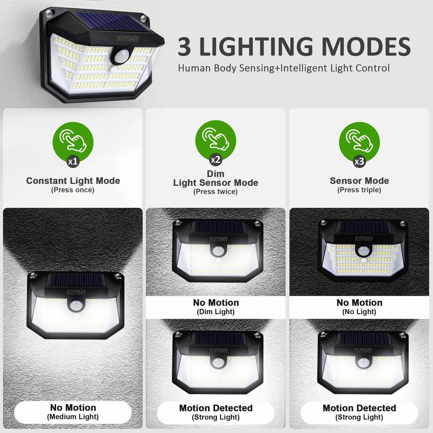 KUYIMY Solar Outdoor Lights, 230 LED with Motion Sensor and 3 Modes, IP65 Waterproof, 270° Wide Angle Light, Easy-to-Install Intelligent Security Wireless Wall Lights for Patio, Front Door(6 Pack)
