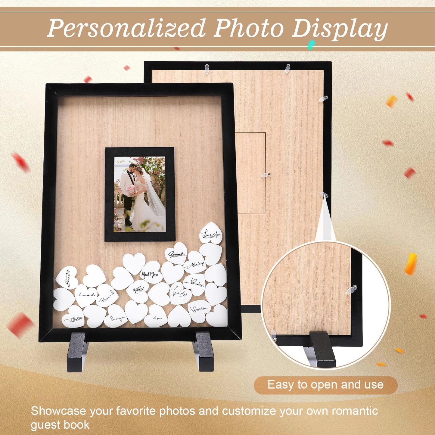 Gugxiom Wedding Guest Book Alternative, Wooden Picture Frame Guestbooks with 90+ hearts, Guest Book Alternative for Wedding Baby Shower Anniversary Birthday Party (Black)