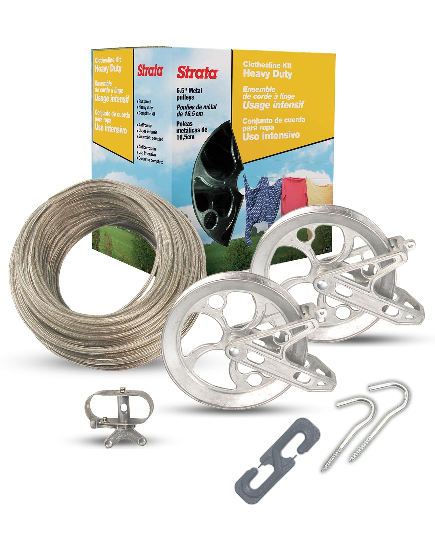 Strata Heavy Duty Clothes line Kit – 150ft Clothesline Outdoors with Smooth Gliding Pulley & Rust-Resistant Steel Cable - Complete Kit for Drying Clothes Outside (Gold)