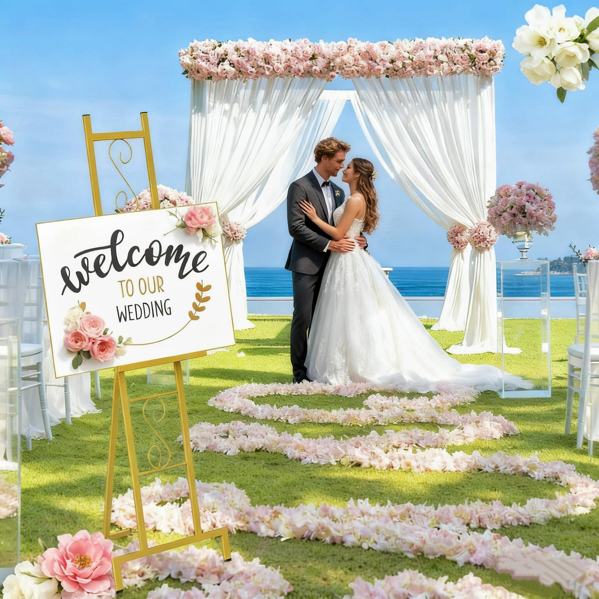 2 Pack Gold Easel Stand for Sign, Adjustable Metal Easels with Chain Support, Welcome Sign Stand for Painting, Display, Poster Picture, Wedding Sign (17" x 17" x 58")