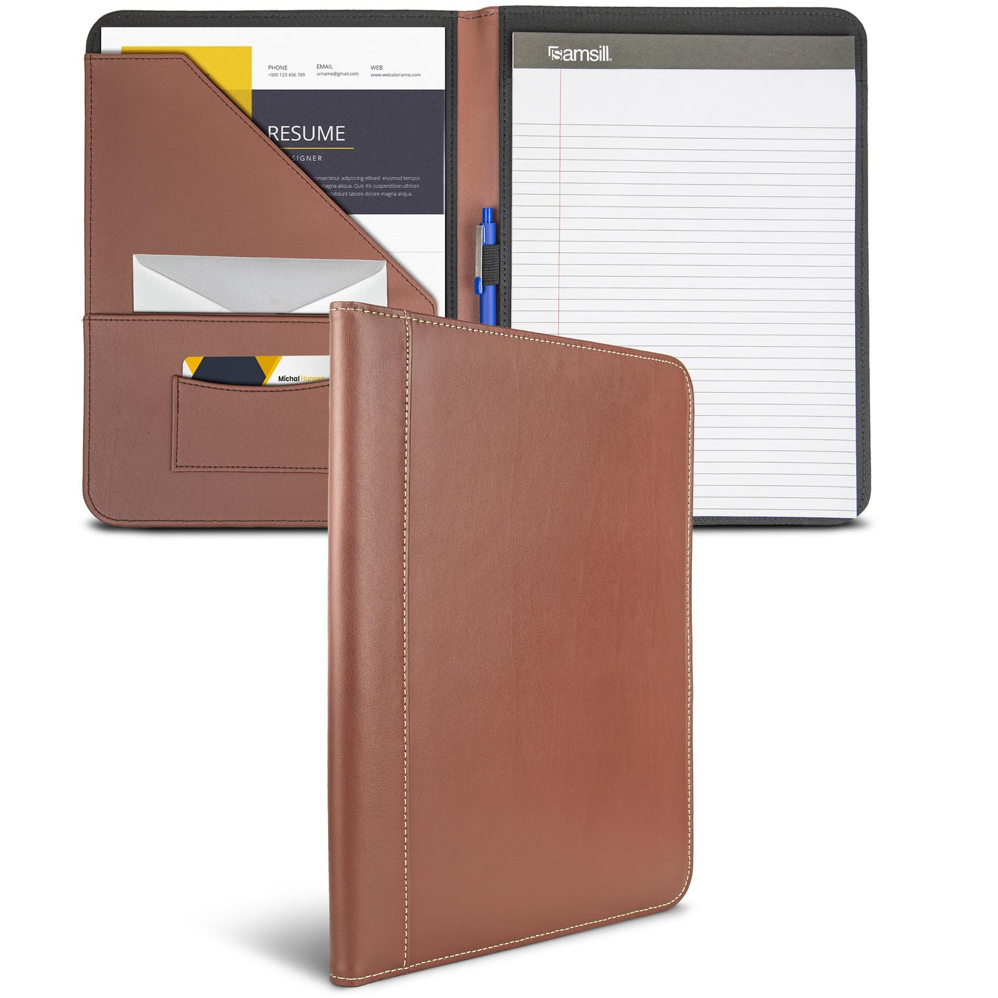 Samsill Contrast Stitch Leather Portfolio, 8.5 inch x 11 inch Writing Pad, Brown/Tan