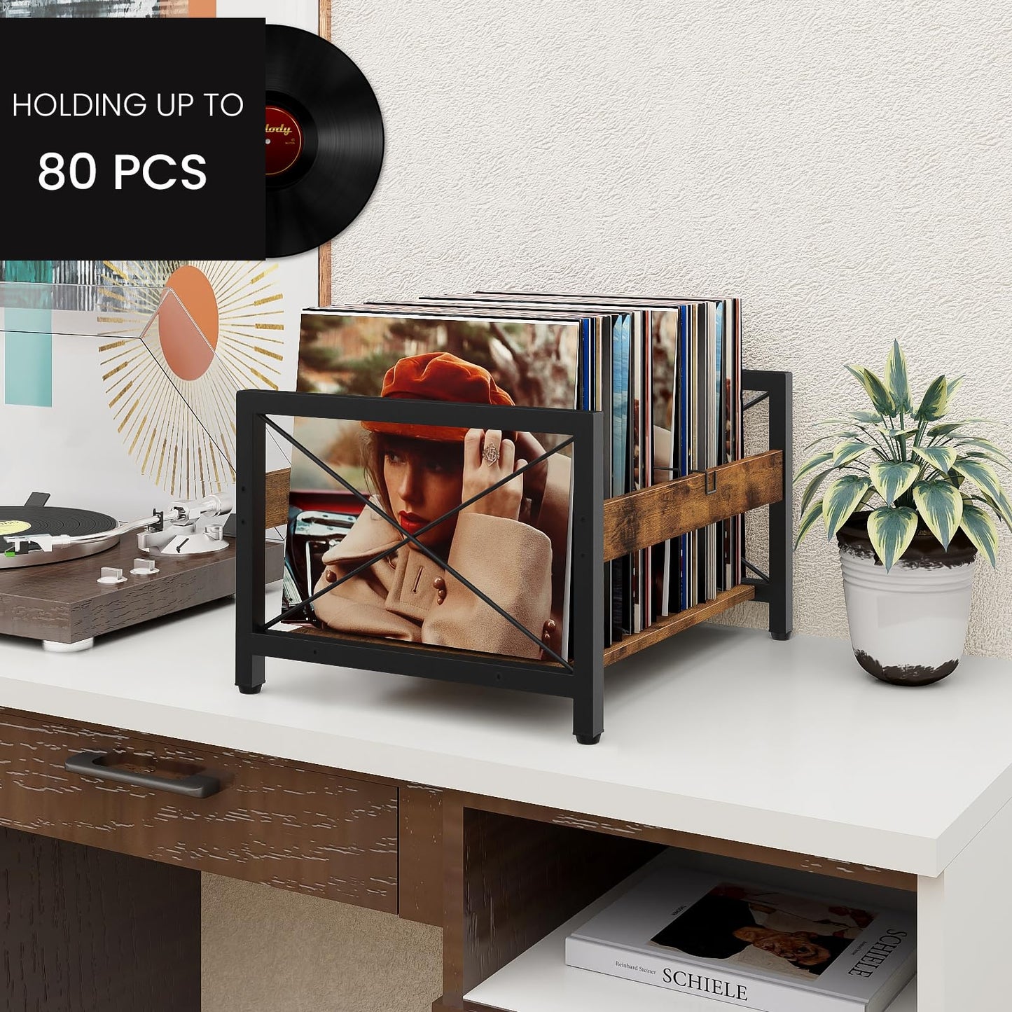 ELITEROO Vinyl Record Holder, Wooden Record Crate Fits 7” -12” Records, Vinyl Shelf Holds up to 50-100 Albums, DVDs, CDs or Files Wood Book Storage Stand Desktop Organizer Box, Rustic Brown