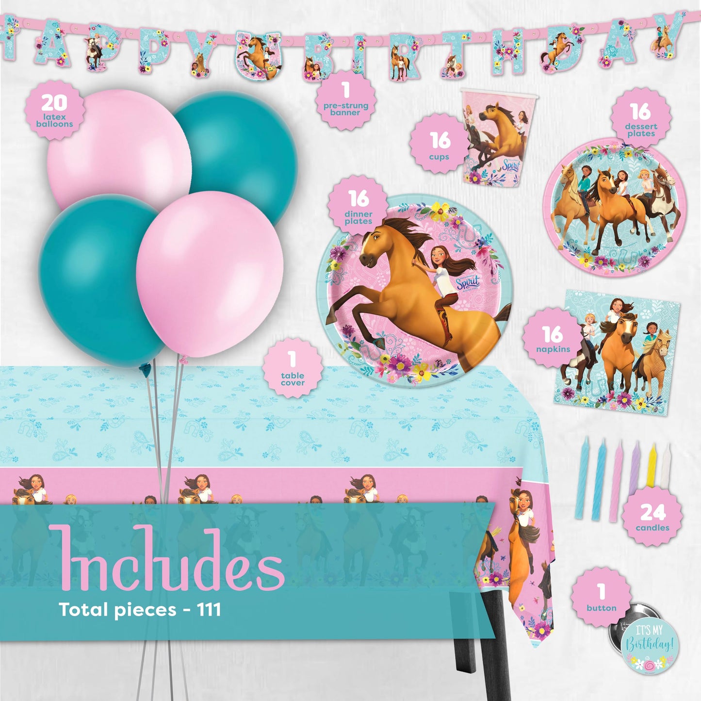 Spirit Riding Free Party Supplies and Decorations with Balloons for Spirit Birthday Party, Serves 16 Guests, Perfect for Girls and Boys, Easy Setup and Takedown with Banner, Table Cover, Plates,