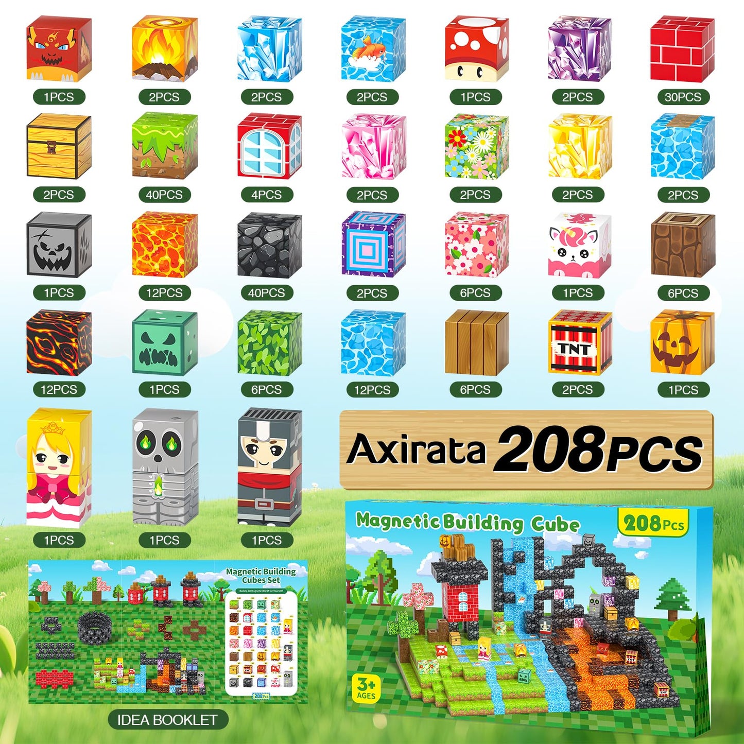 Axirata 208 PCS Magn-etic Building Blocks, Magn-etic Block Building Cubes Set for Kids Toddlers Ages 3+, STEM Sensory Toys Mag-net Tiles Birthday Gifts for Boys and Girls Age 3 4 5 6 7 8 9 10 11 12+