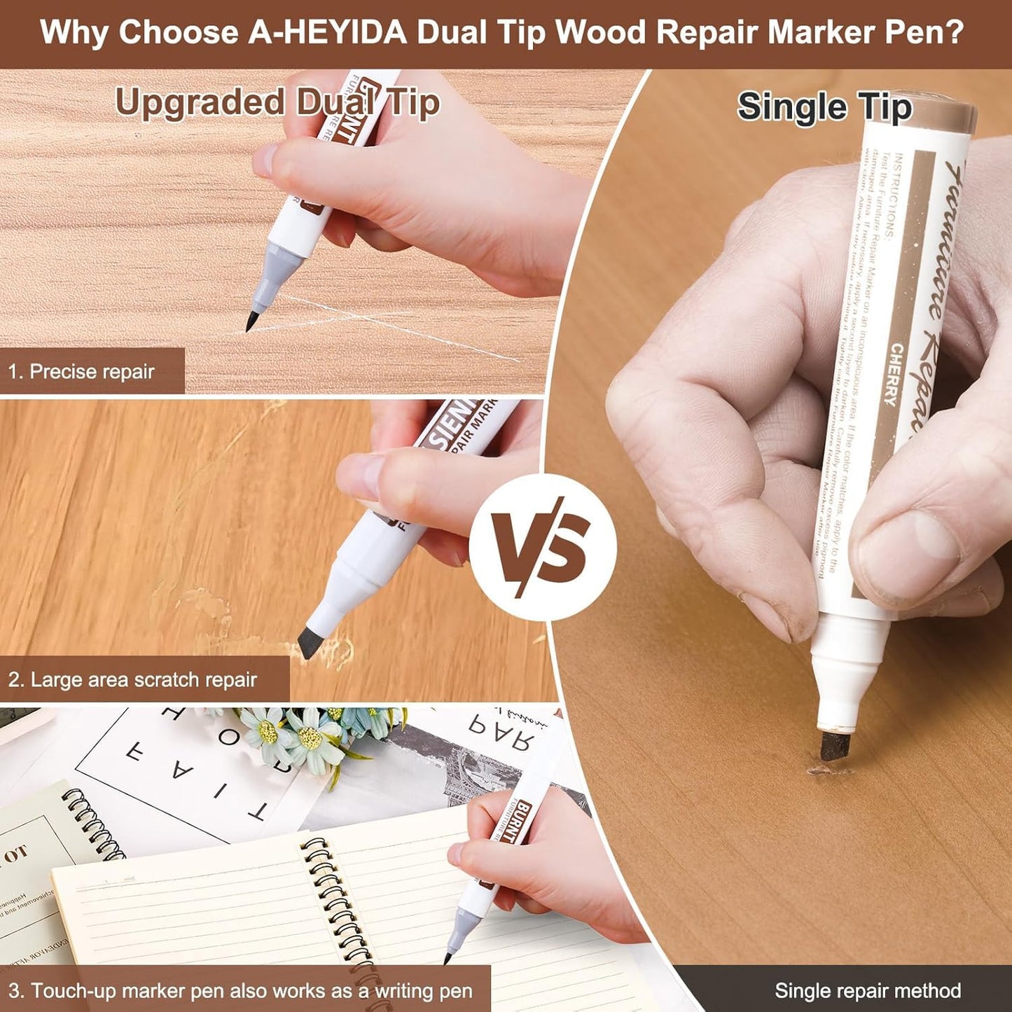 Vinyl Hardwood Repair Kit with Upgraded Heat Pen Display, Laminate Floor Repair Kit Hard Wax Wood Dual Tip Furniture Touch Up Marker Repair for Scratch, Stain, Crack, Hole, Cabinet, Door, Table