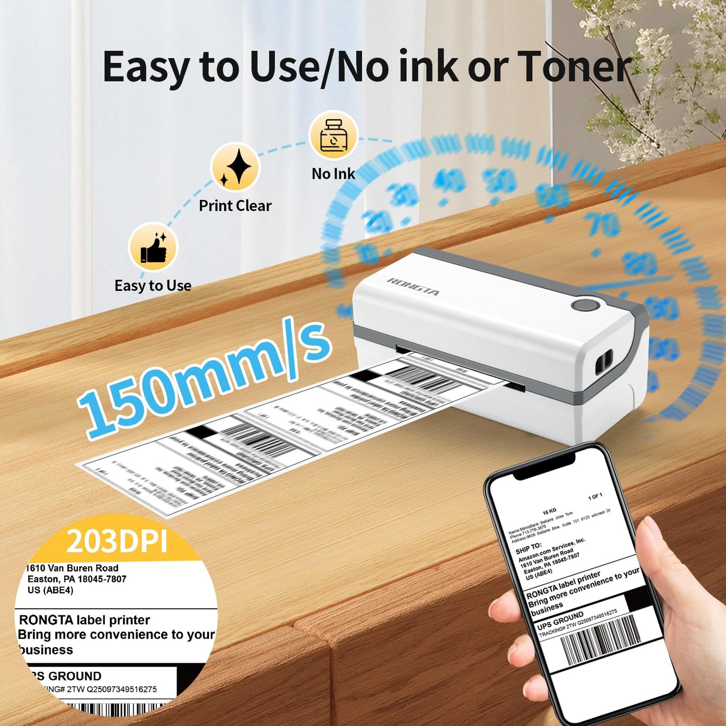 Rongta Bluetooth Thermal Shipping Label Printer, Wireless 4x6 Label Sticker Printer for Shipping Packages, Support Android, iPhone, Widely Used for Amazon, Ebay, Shopify, Etsy, UPS