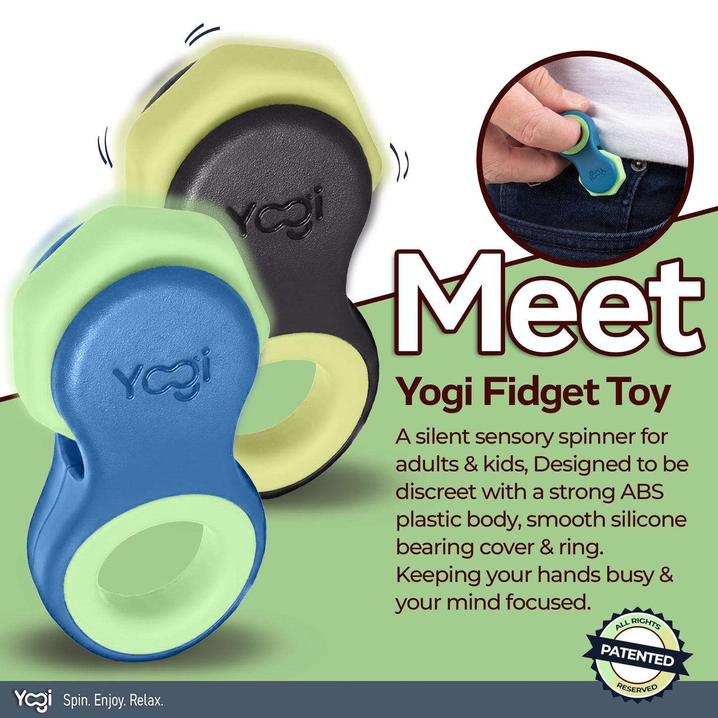 Yogi Fidget Toy, Stress Reducer, Perfect for ADHD, ADD, Anxiety and Autism, for Kids and Adults, Sensory Gadget, Fidget Spinner with Five Ring Sizes, Easy to use and Fun (Black & Blue (2 Pack))