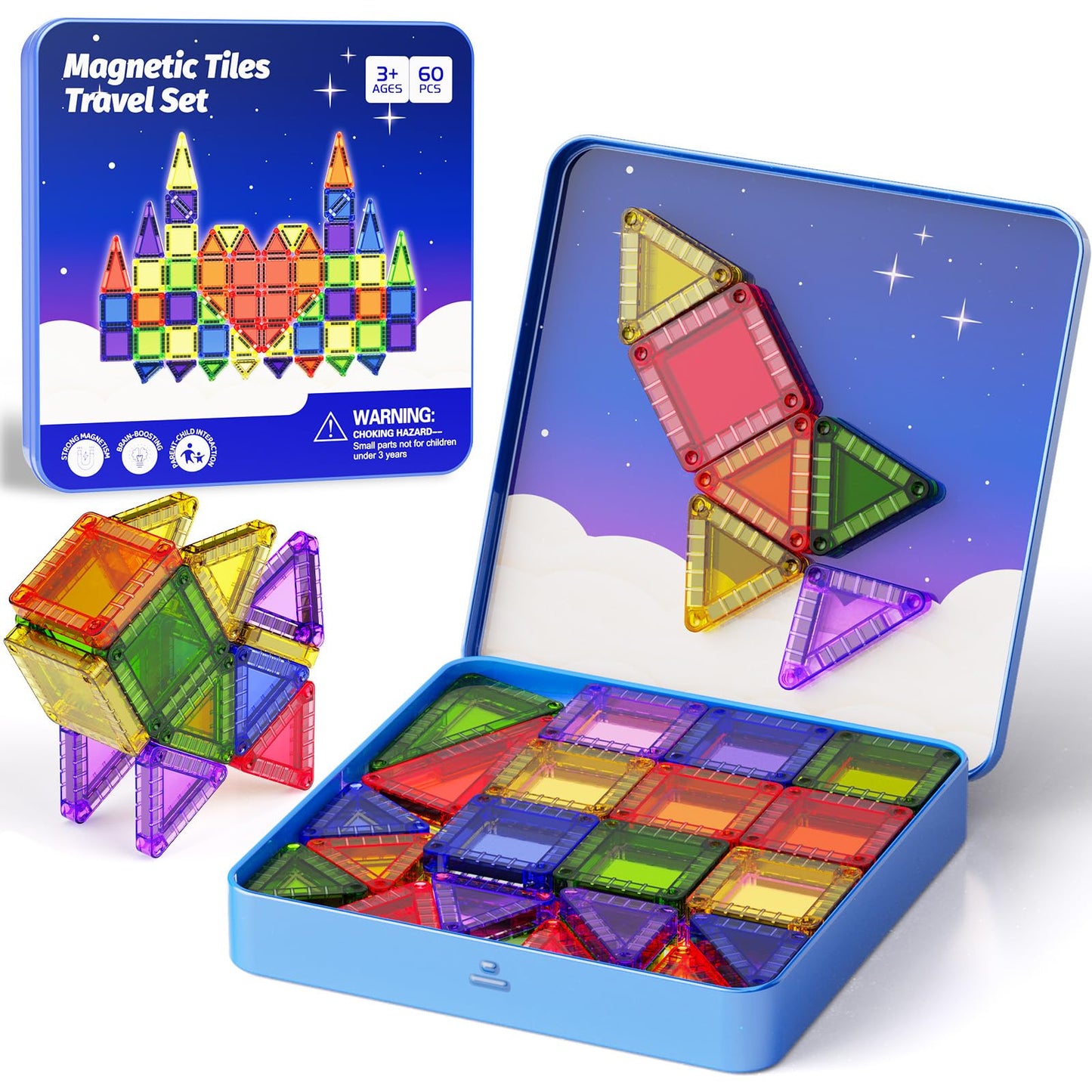Mini Magnetic Tiles Travel Kit for Kids Ages 3-8, 60pcs Portable Magnetic Building Blocks with Visual Storage Guide & Metal Play Base, STEM Sensory Toys for Preschool Learning