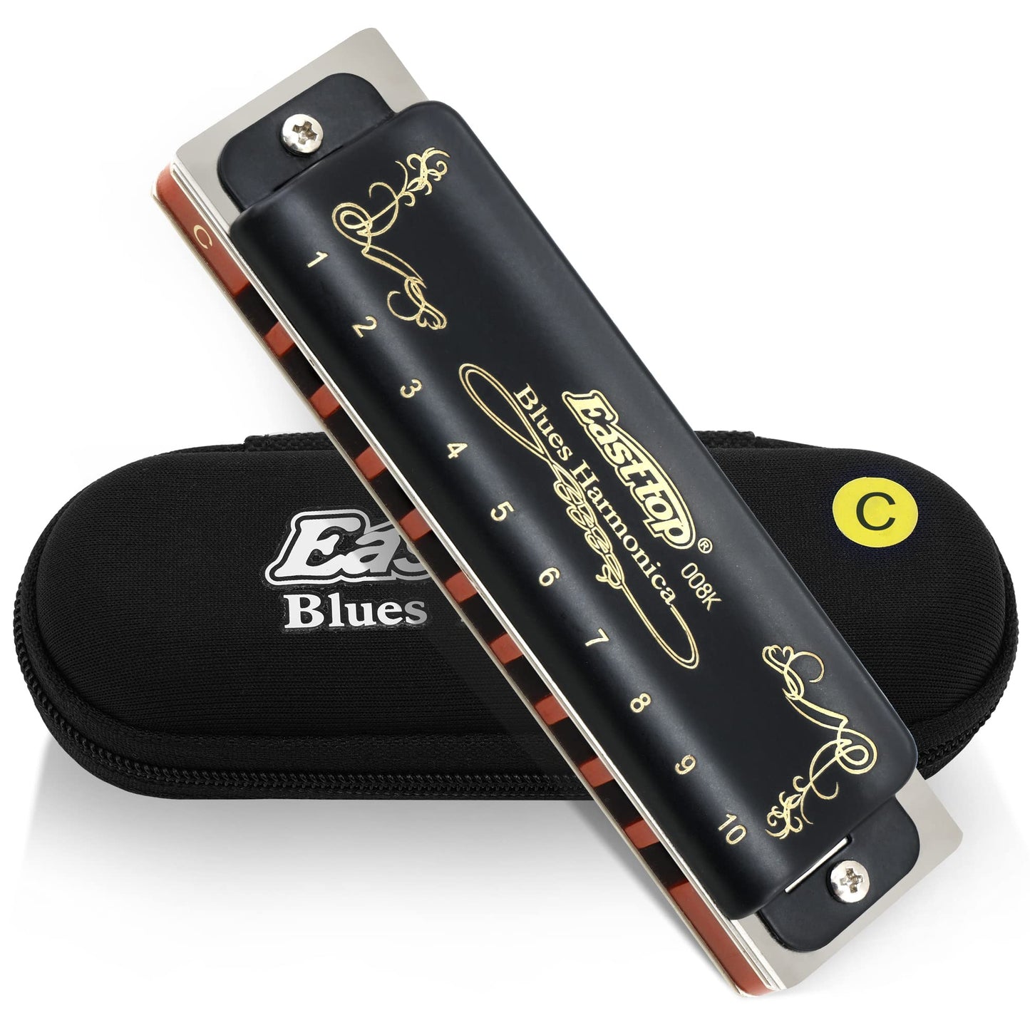 East top Harmonica C, Blues Harmonica Key of C 10 Hole 20 Tone Blues Mouth Organ Diatonic Harmonica Adult Musical Instrument for Professional Player, Beginner, Students (Black)