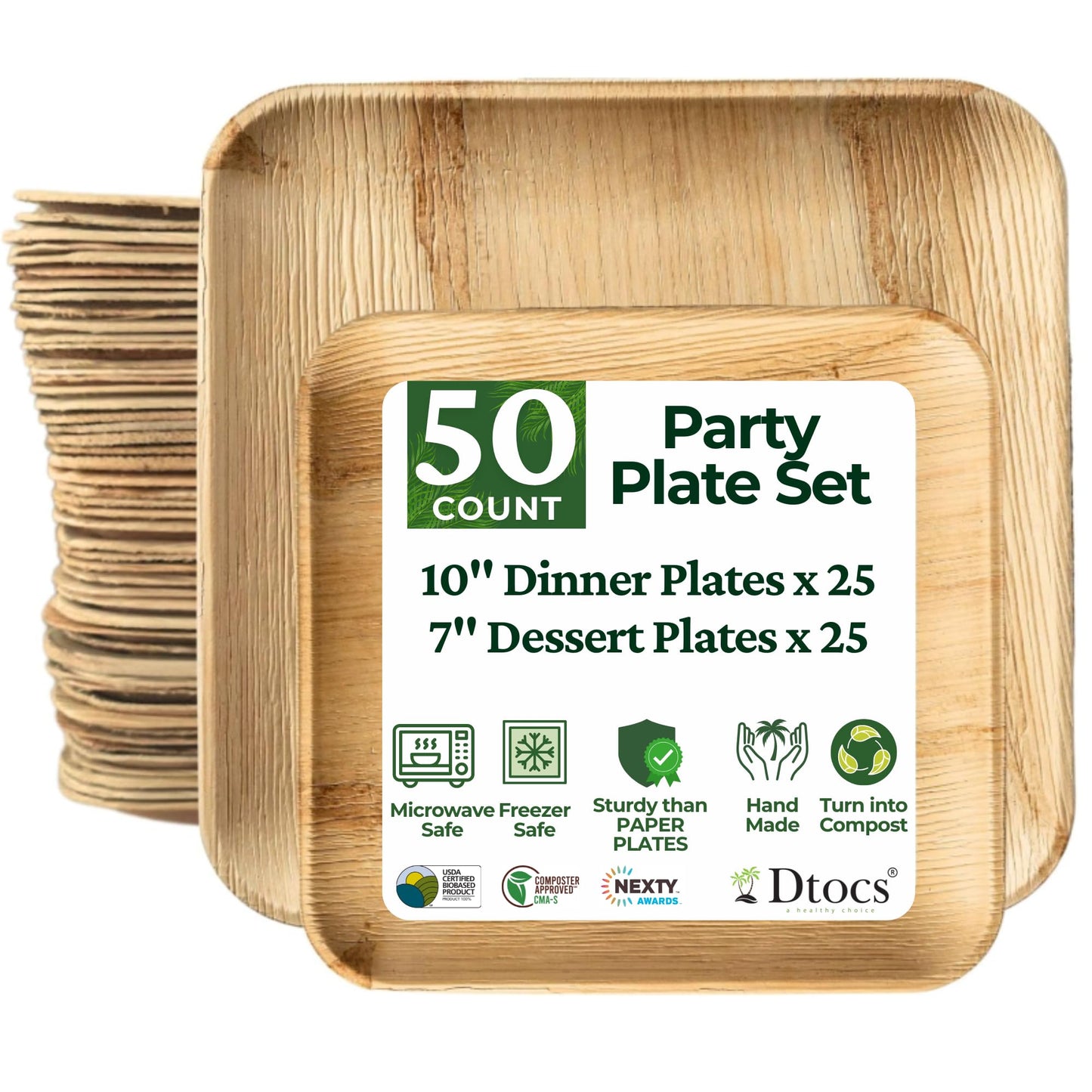 Dtocs Palm Leaf Plates Set (50) – 10" Dinner, 7" Dessert Combo | Bamboo Disposable Look | Party Platter Pack for Holidays, Gifting & Stocking Stuffers | Alternative to Plastic, Wood & Paper Plates