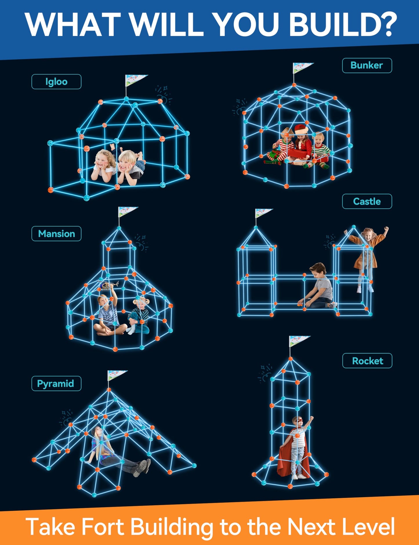 besrey Fort Building Kit for Kids with Toss Game, 133 Pcs Creative Fort Toy, STEM Construction Toy, Outdoor Play Structure, Kids Outdoor Toys,DIY Play Tent Tunnel (Blue Nightglow)