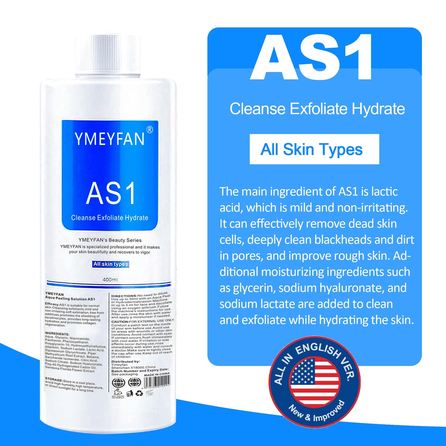 YMEYFAN AS1 SA2 AO3 Hydrate Facial Solution (English Ver.) for Hydra Machine SPA Salon Facial, Aqua Peeling Solution for Small Bubble Facial Machine Cleansing, Exfoliate, Hydrating (400ml Mix 3PCS)