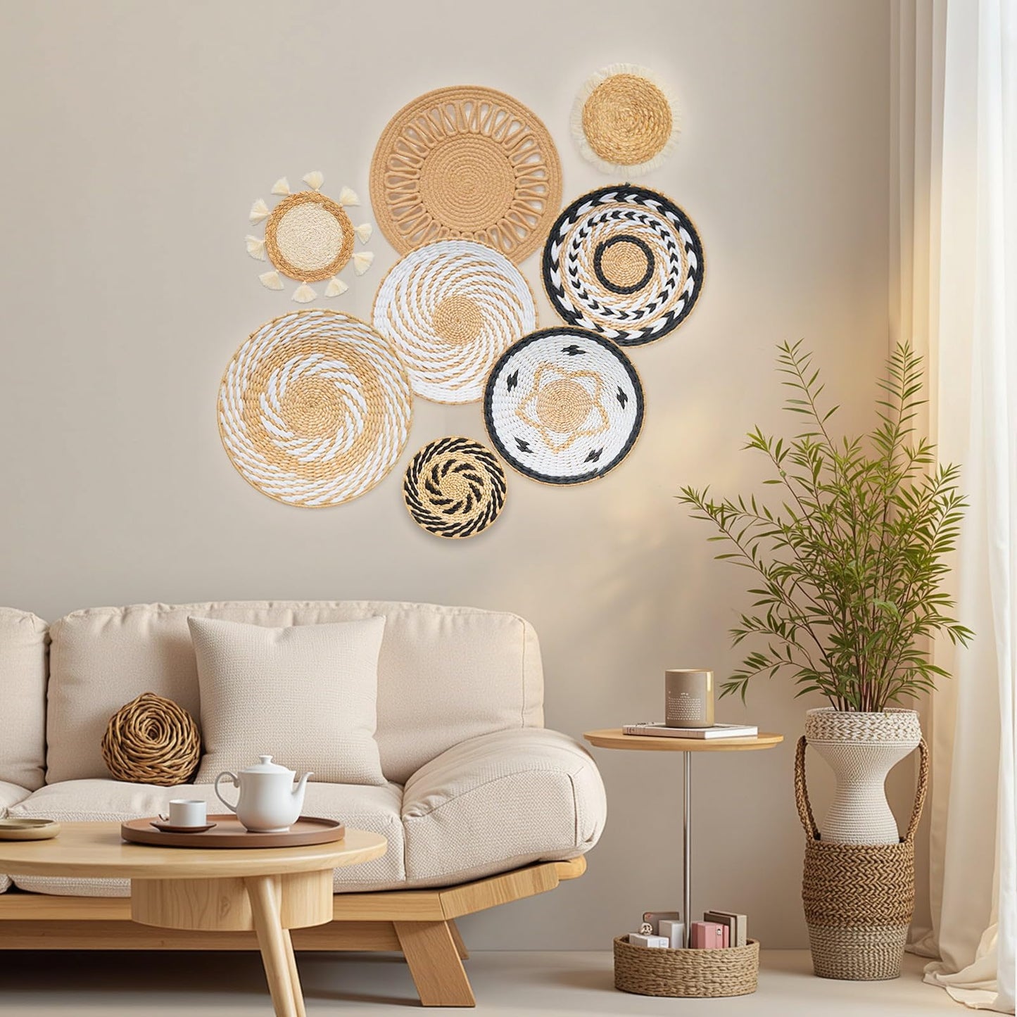 8 Pack Boho Wall Decor, 12 Inch Wall Basket Decor Round Handmade Hanging, Rattan Woven Wall Basket Decor for Living Room, Rustic Flat Elegant, Farmhouse, Bedrooms, Table Settings, Kitchen Home