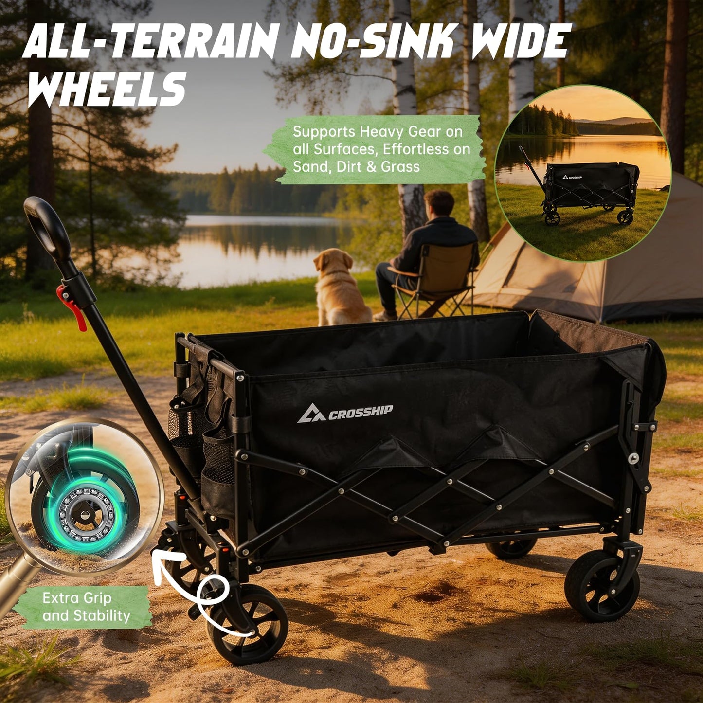 CROSSHIP Collapsible Pet Wagon Cart with Drop-Down Tailgate - Foldable Wagon Carts 150L & 330LBS Folding Wagons, All-Terrain Wheels Utility Wagon for Camping with 1 Medium Dog or 2 Small Puppies