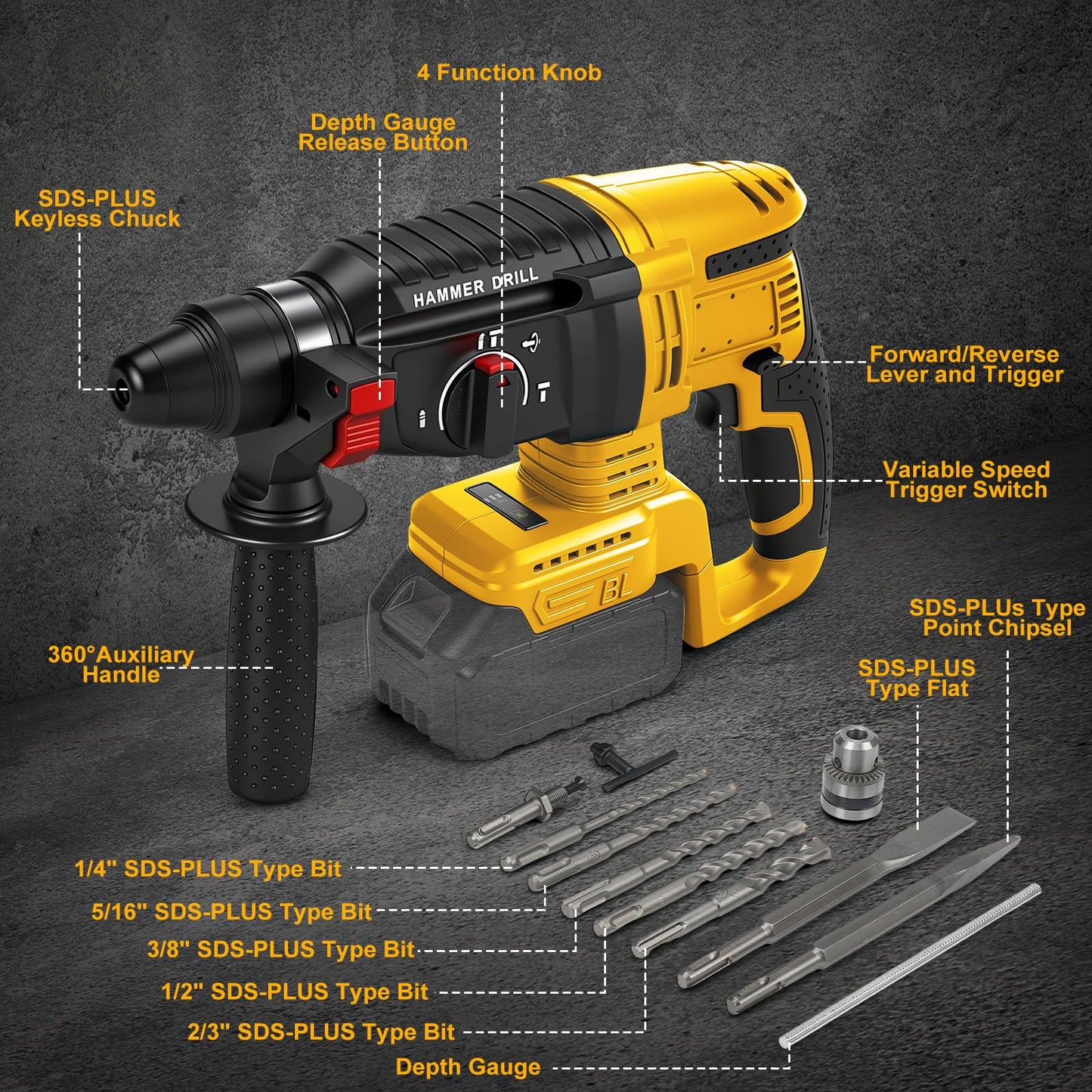 FormiPow SDS-Plus Rotary Hammer Drill for Dewalt 20V Battery, 2.5J Impact Brushless Rotary Hammer, 4 Mode Operation, 360° Rotating Handle, SDS Hammer Drill with 5 Pcs Drill & Chisel Set (No Battery)