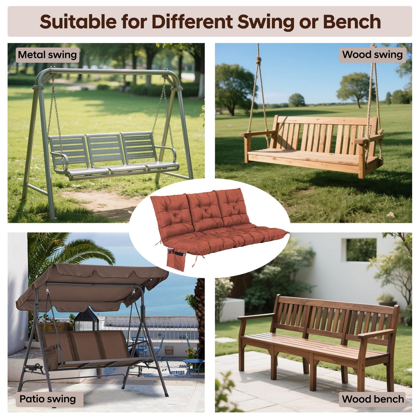 FAMIROSA 3 Seater Porch Swing Cushions, Thick 60 x 40 x 4in Outdoor Swing Cushion with 8 Straps, Water Resistant 3-seat Replacement Cushion for Patio Swing Chair Bench Couch Outside Furniture, Brown