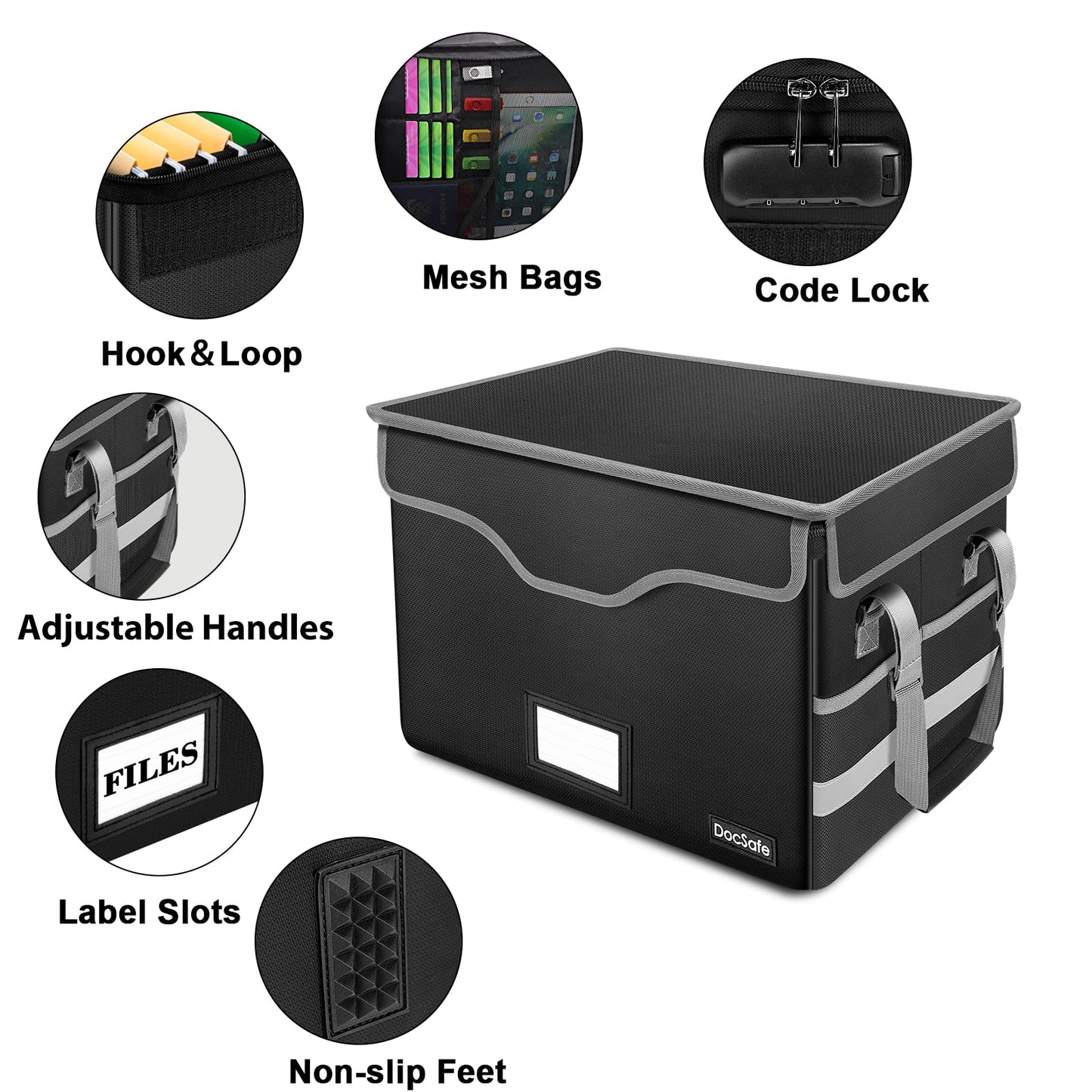 DocSafe Fireproof Document Box with Lock,File Storage Organizer with Pockets,Collapsible Portable File Box Home Office Safe Filing Cabinet with Handle for Hanging Letter/Legal Folders,Black,2 Pack