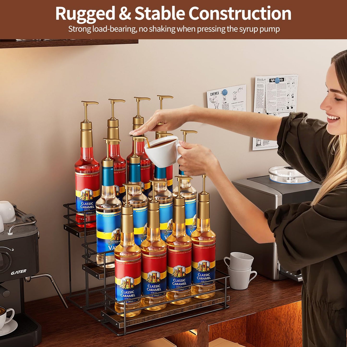 Nuovoware Coffee Syrup Organizer, 3-Tier 12 Bottles Separable Metal Rack with Wooden Base Whiskey Wine Dressing for Countertop Kitchen Bar, Black