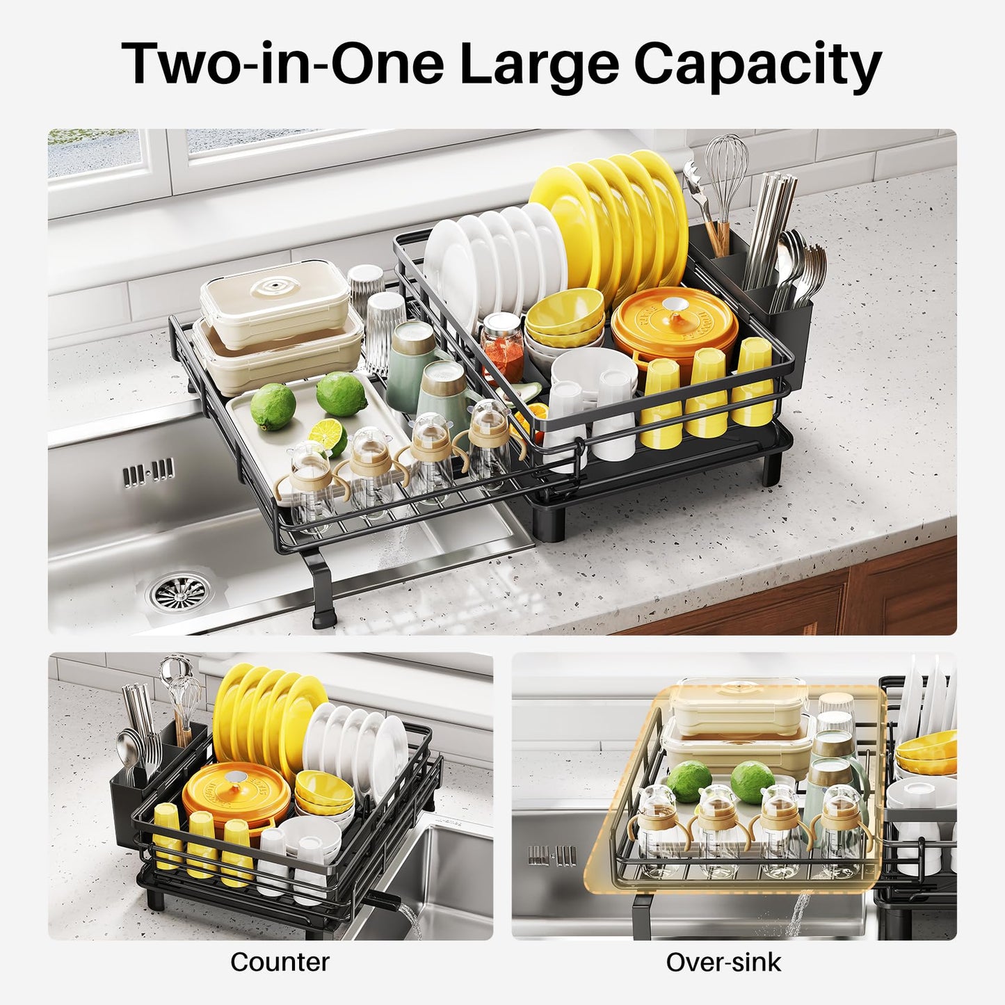 Dish Rack - Extendable Dish Rack, Large Sink Drying Rack for Countertop, Stainless Steel Dish Strainer with Utensil Holder (Black)
