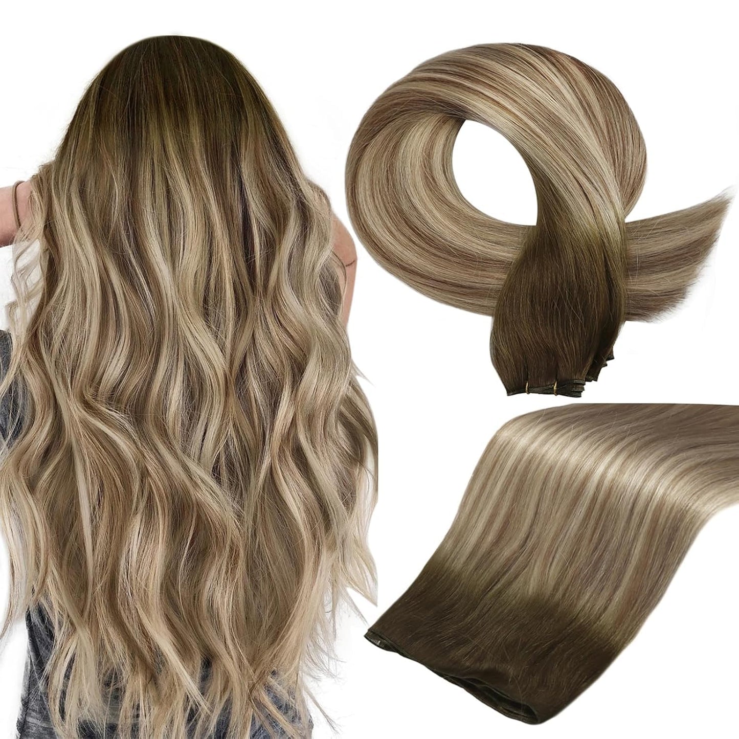 Full Shine Weft Hair Extensions Human Hair Single Genius Weft Sew in Extensions 50G Brown and Blonde Balayage Hair Extensions 18 Inch Silky Straight Human Hair Weft Extensions
