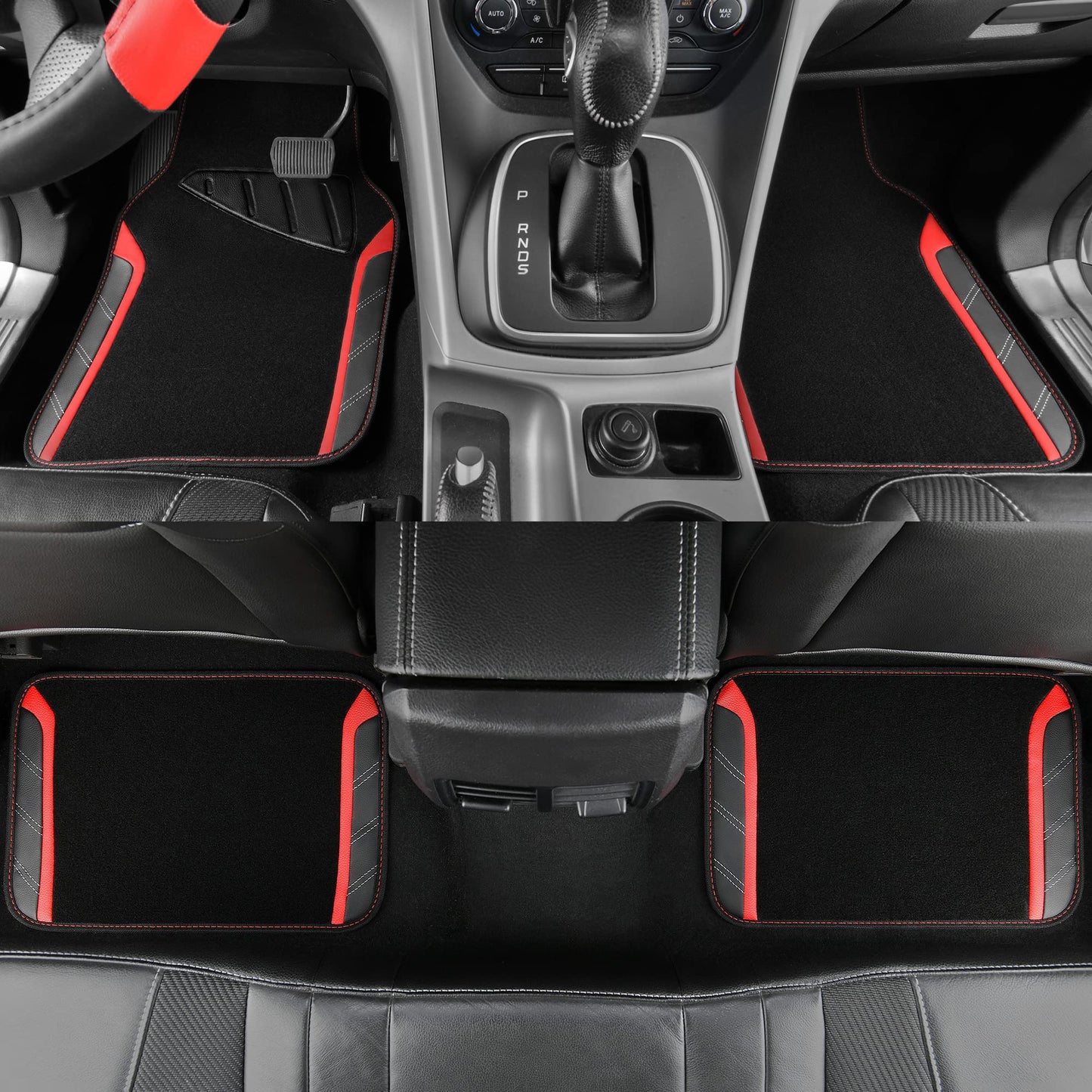 CAR PASS Leather Steering Wheel Cover and Waterproof Car Floor Mats,Microfiber Universal Car Combo Fit for 95% Sedan,SUV,Cars,14.5-15inch Sporty Anti-Slip Safety Comfortable Design(Black＆Red)