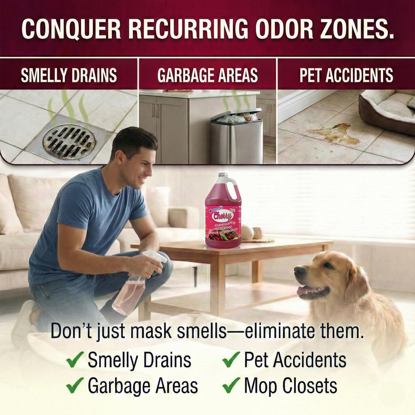 atoms-Bio CHERRY 3-in-1 Odor Eliminator & Sanitizer Concentrate – Industrial Cleaner & Deodorizer for Floors, Carpets, Bathrooms, Drains, Garbage, Pet Odors - CFIA Accepted - 3.78 L -Made in Canada
