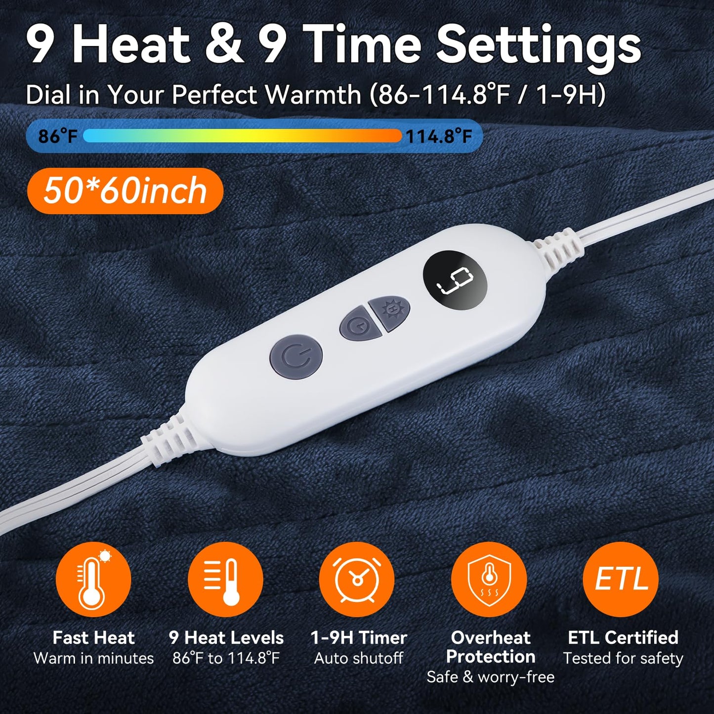 Qoosea Heated Blanket Throw Electric Blanket Twin Throw 50 * 60 inch with 9 Heating Levels 9 Timer Settings Auto Shut Off Soft Flannel Heating Blanket Wrap Warm for Home Office Room Blue