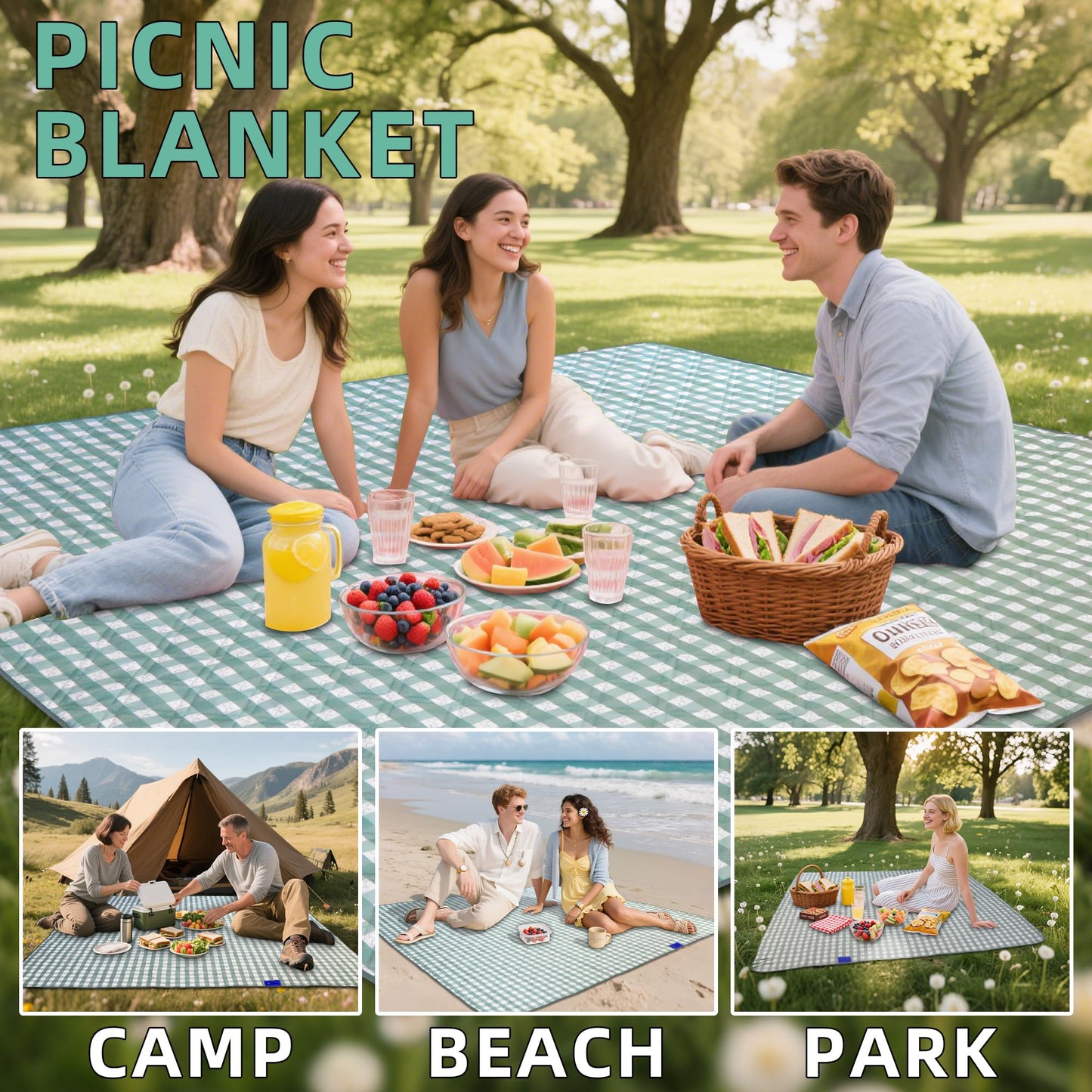 Waterproof 80"X80" Picnic Blankets Thick Outdoor Picnic Mat with 4 Luminous Stakes Foldable Camping Blanket Portable with Carry Strap for Beach Park Grass Park Hiking