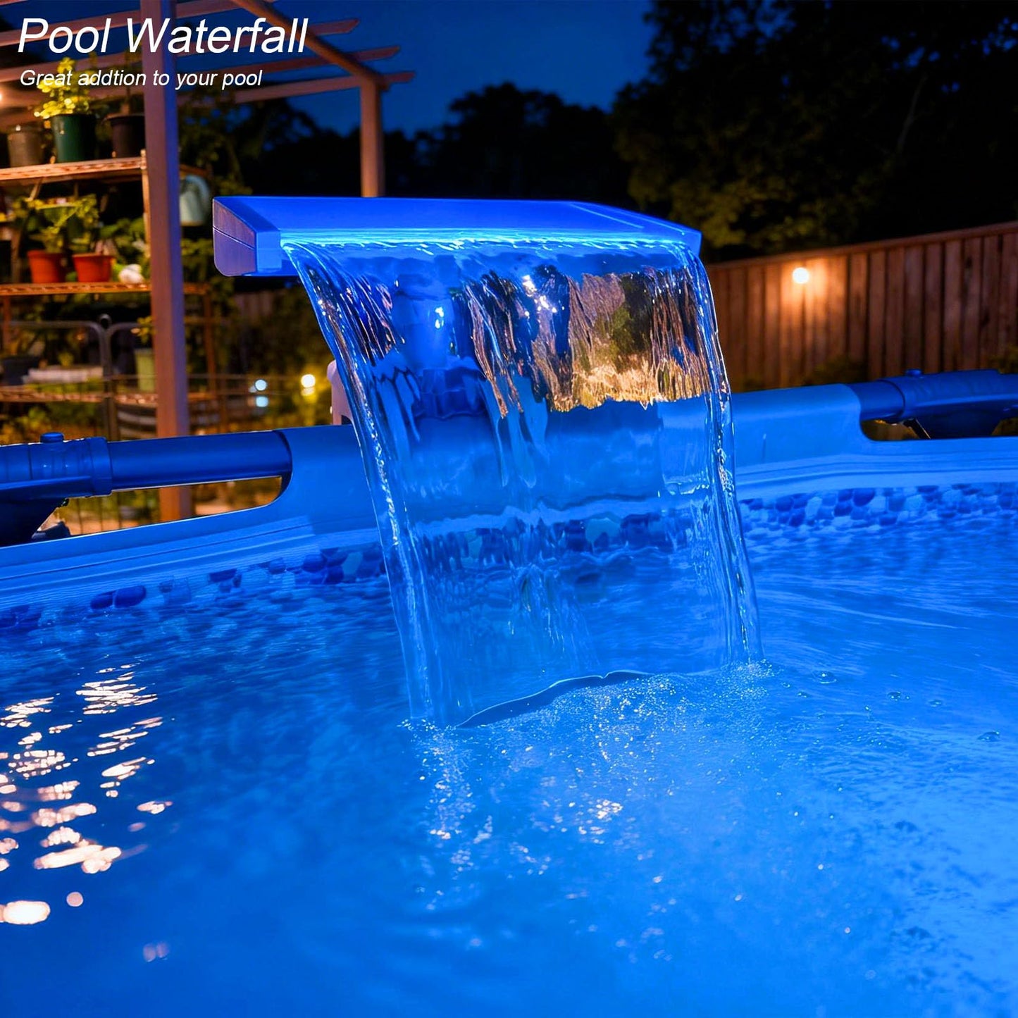 Pool Waterfall with 7-Color LED Lights, Swimming Pool Waterfall Fountain for Above Ground Pools, Smooth Flowing Waterfall with Light for Relaxation, Adjustable Width Fits 1.2" to 4.7" Frames