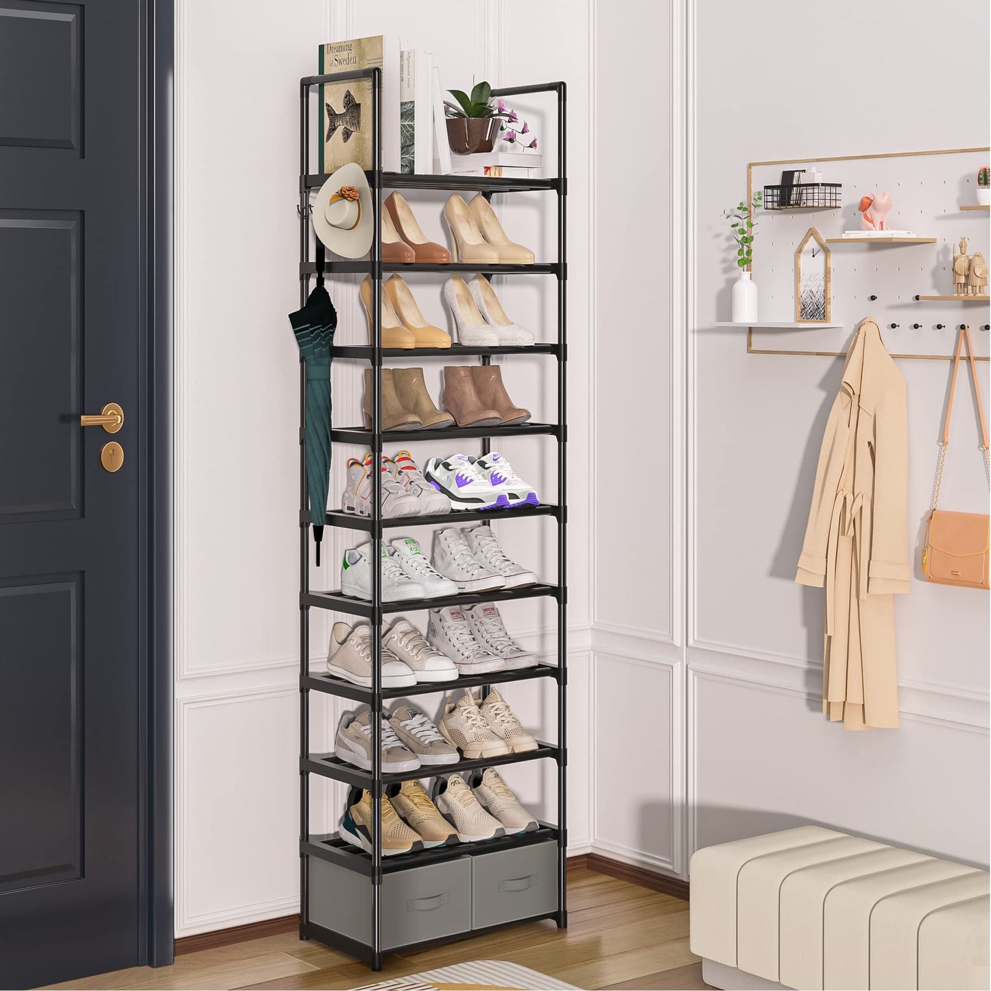 OYREL Tall Shoe Rack 10 Tier Narrow Shoes Rack 20 25 Pairs, Shoe Storage Shoe Organizer for Closet, Sturdy Metal Shoe Shelf with 2 Boxes 1 Hook
