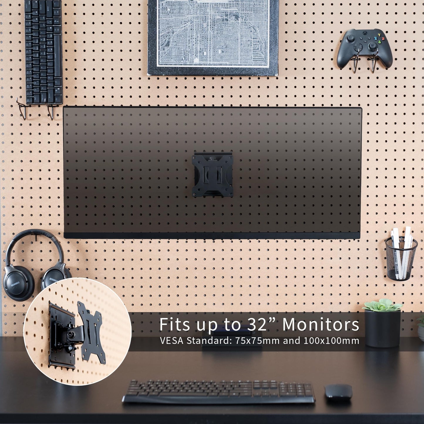 VIVO Articulating Single Monitor Pegboard Mount, Fits Screens up to 32 inches and Peg Boards up to 0.25 inches Thick with 1 inch Hole Spacing, Black, Mount-PB1
