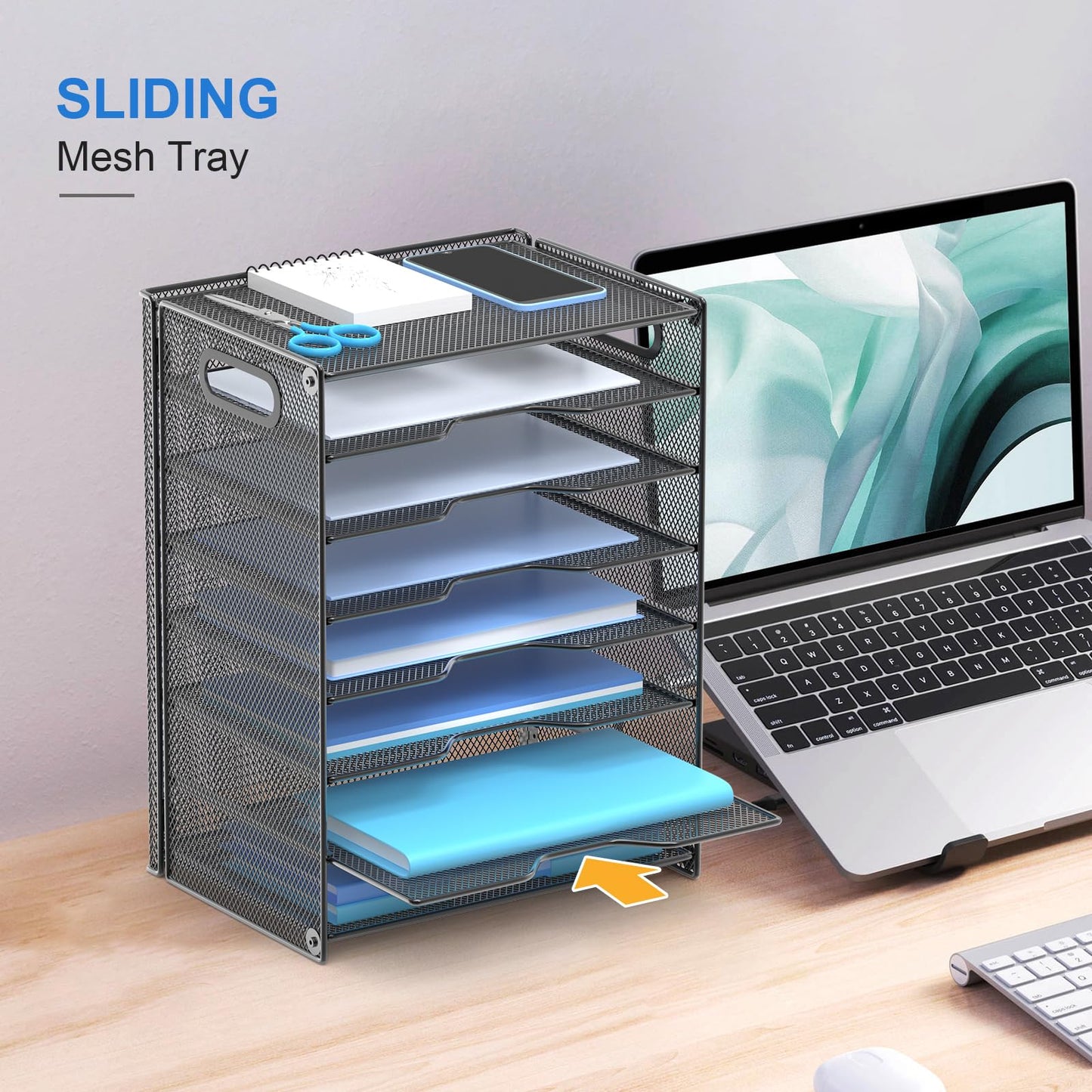 8-Tier Paper Organizer Letter Tray with Handle,OutWolf Mesh Desk File Document Organizer with 8 Tier Shelves and Sorter, Black