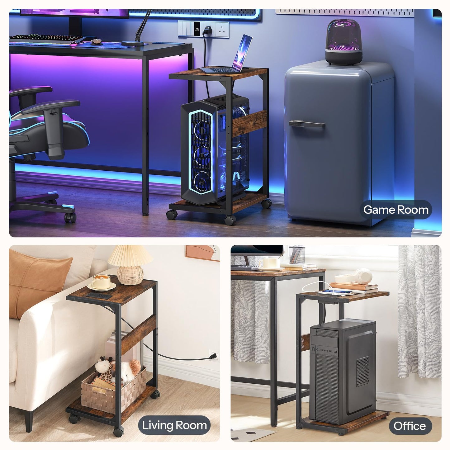 HOOBRO Computer Tower Stand, PC Stand with Charging Station, 2-Tier PC Tower Stand with Locking Caster Wheels, CPU Stand Fits Most PCs, for Floor, for Home Office Rustic Brown BF01UCJ01G1