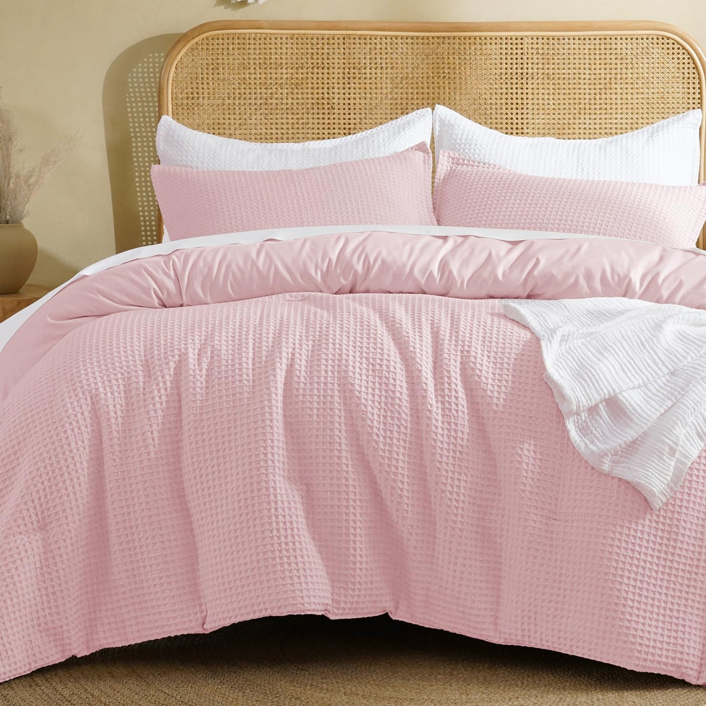 David's Home Waffle Weave Comforter Set 3PCS King Size, Soft Breathable Lightweight Warm for All Season, Elegant Aesthetic Home Decor Bedding Set Collection, 1 Comforter with 2 Pillow Shams, Pink