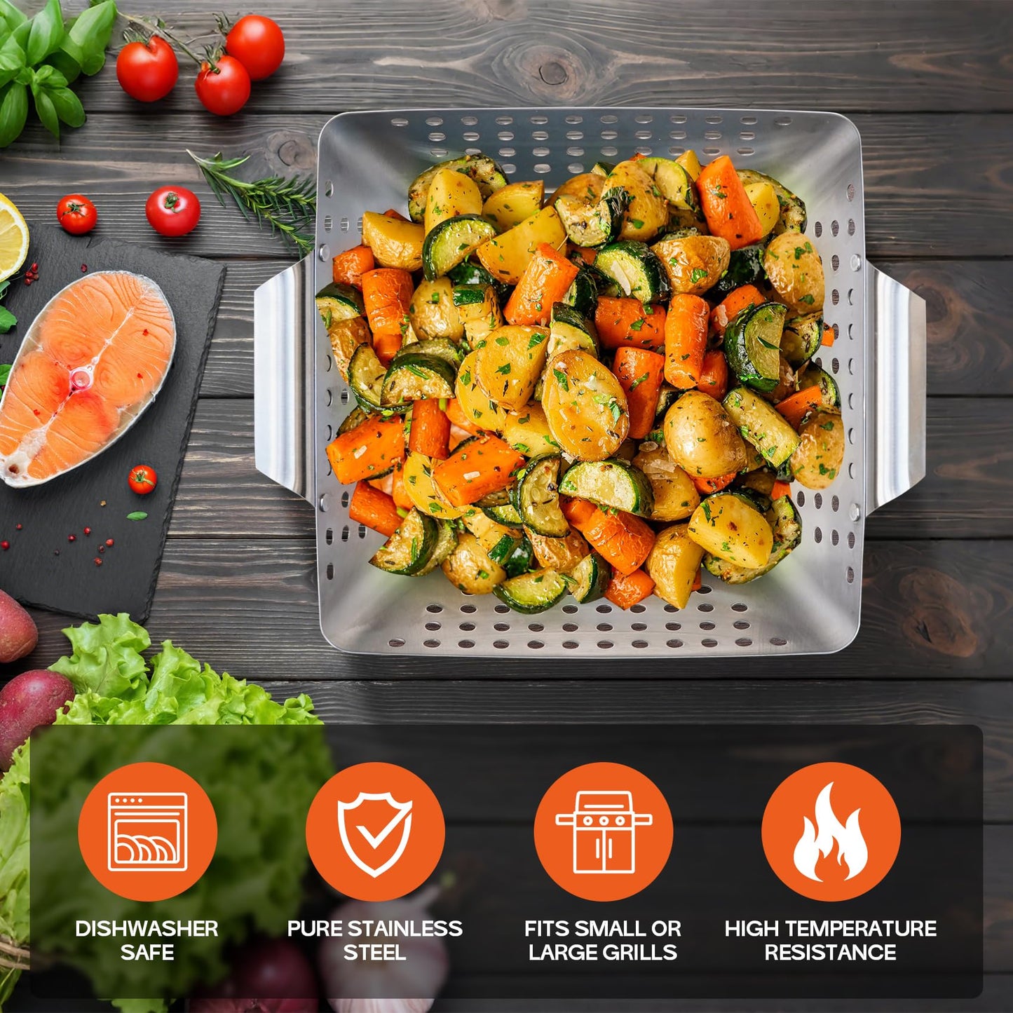 Onlyfire 3 Pack Grill Baskets, Stainless Steel Vegetable Baskets, Mini BBQ Grilling Basket Set, Grill Pan for Outdoor Grill