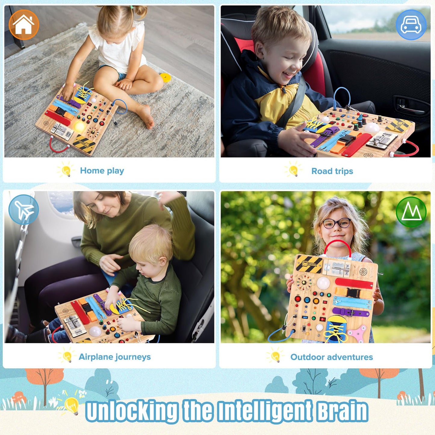 Busy Board Plus 23 in 1 Montessori Busy Board for 1 to 3 Year Old Toddlers Sensory Board with 15 Switches 26 LED Lights Music Box Locks and Zippers Ideal Travel Toy for Baby Sensory Development