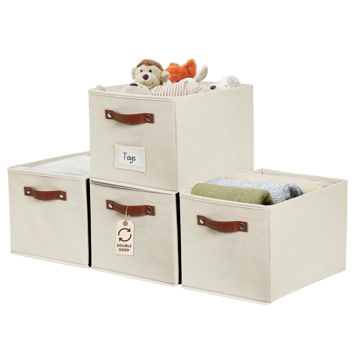 DECOMOMO Fabric Storage Bins 4 Pack, Storage Baskets for Shelves and Closet Organizer, 15 x 11 x 9.9 inches Foldable Kallax Storage Bins with Labels (Beige)